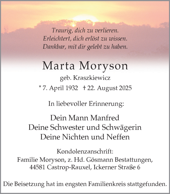 Traueranzeige von Marta Moryson von Stadtanzeiger Castrop-Rauxel