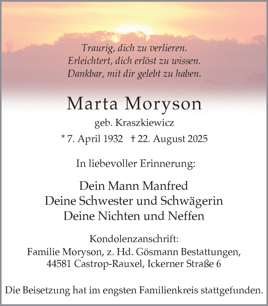  Traueranzeige für Marta Moryson vom 30.08.2025 aus Stadtanzeiger Castrop-Rauxel