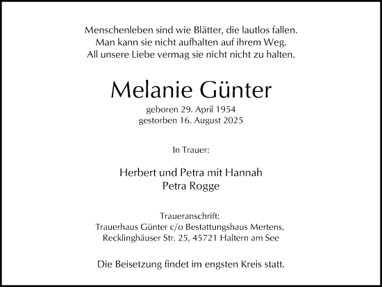 Traueranzeige von Melanie Günter von Ruhr Nachrichten und Halterner Zeitung