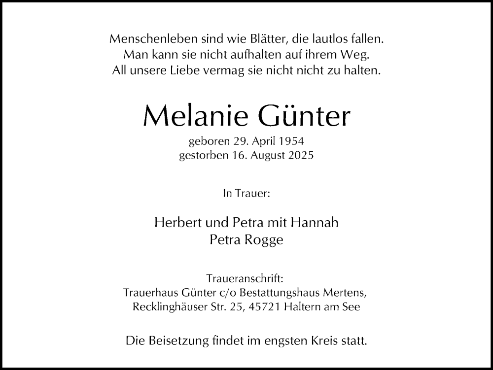  Traueranzeige für Melanie Günter vom 23.08.2025 aus Ruhr Nachrichten und Halterner Zeitung