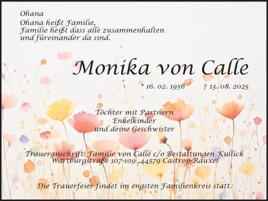 Traueranzeige von Monika von Calle von Stadtanzeiger Castrop-Rauxel