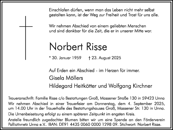 Traueranzeige von Norbert Risse von Hellweger Anzeiger