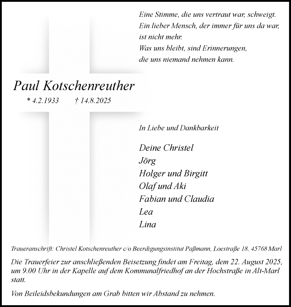  Traueranzeige für Paul Kotschenreuther vom 20.08.2025 aus Trauer Vest