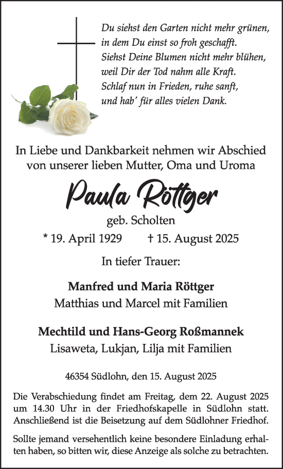 Traueranzeige von Paula Röttger von Münsterland Zeitung