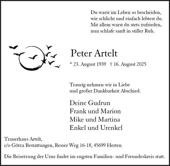 Traueranzeige von Peter Artelt von Trauer Vest