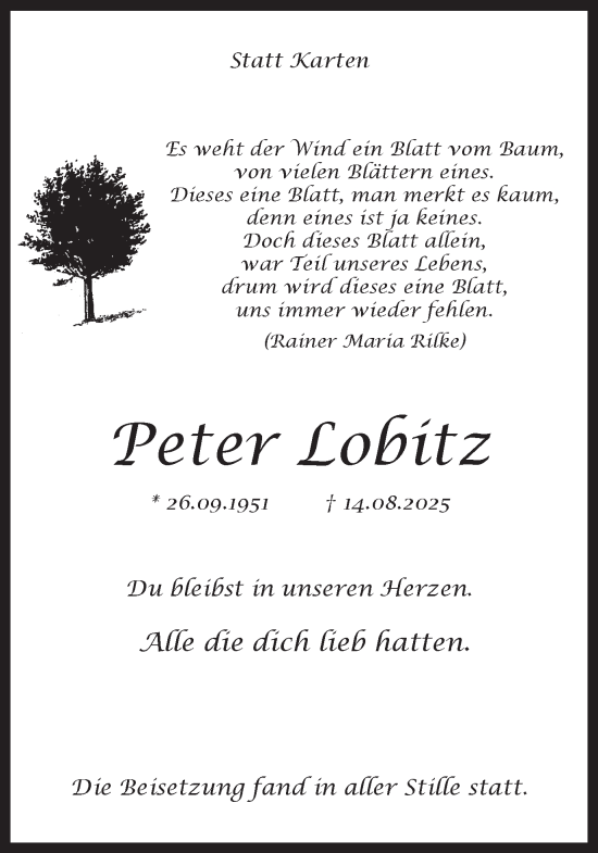Traueranzeige von Peter Lobitz von Ruhr Nachrichten