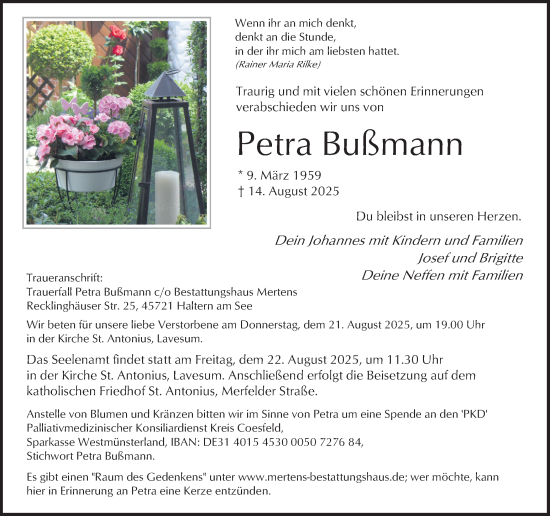 Traueranzeige von Petra Bußmann von Ruhr Nachrichten und Halterner Zeitung