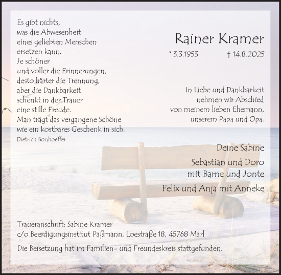 Traueranzeige von Rainer Kramer von Trauer Vest