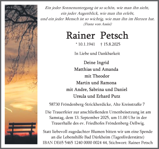 Traueranzeige von Rainer Petsch von Hellweger Anzeiger