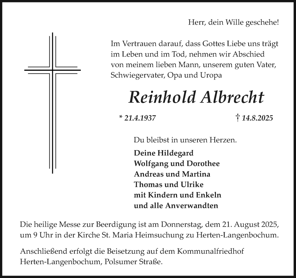 Traueranzeige für Reinhold Albrecht vom 16.08.2025 aus Trauer Vest