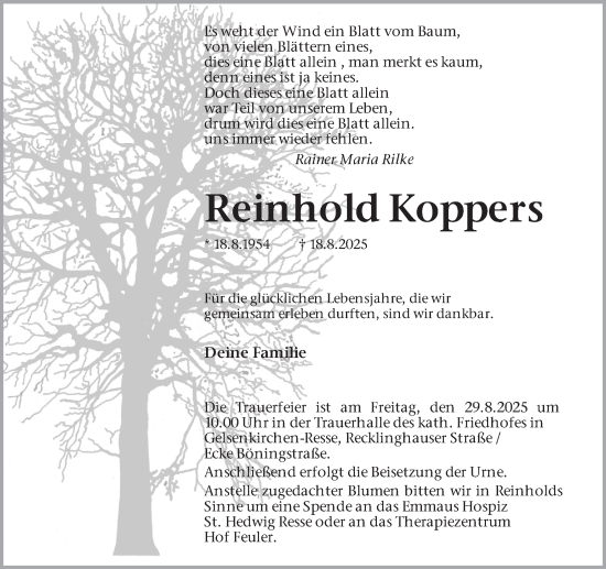 Traueranzeige von Reinhold Koppers von Trauer Vest