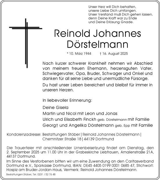 Traueranzeige von Reinold Johannes Dörstelmann von Ruhr Nachrichten