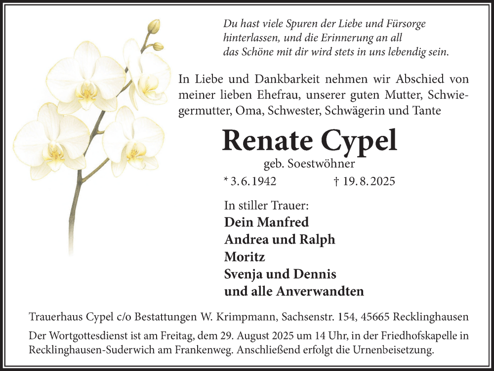  Traueranzeige für Renate Cypel vom 23.08.2025 aus Trauer Vest