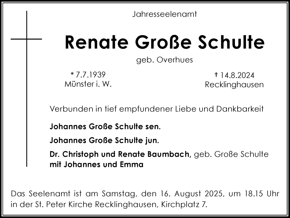  Traueranzeige für Renate Große Schulte vom 09.08.2025 aus Trauer Vest