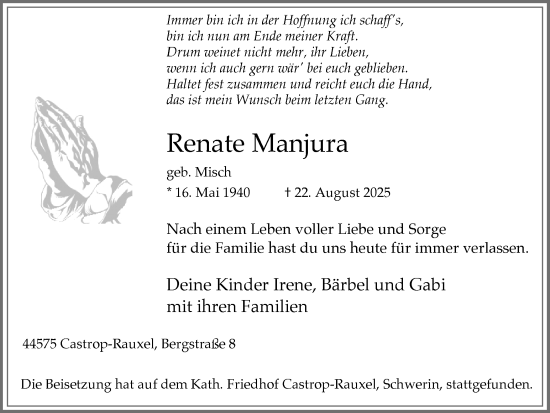 Traueranzeige von Renate Manjura von Stadtanzeiger Castrop-Rauxel