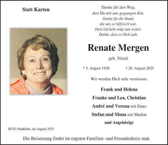 Traueranzeige von Renate Mergen von Münsterland Zeitung