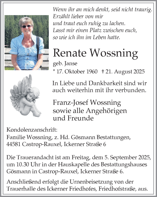 Traueranzeige von Renate Wossning von Stadtanzeiger Castrop-Rauxel