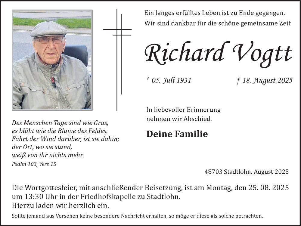  Traueranzeige für Richard Vogtt vom 22.08.2025 aus Münsterland Zeitung