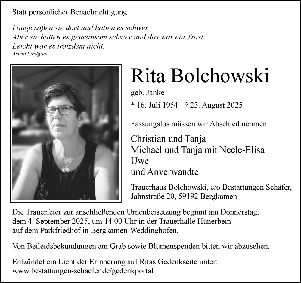  Traueranzeige für Rita Bolchowski vom 30.08.2025 aus Hellweger Anzeiger