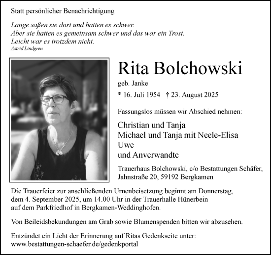 Traueranzeige von Rita Bolchowski von Hellweger Anzeiger