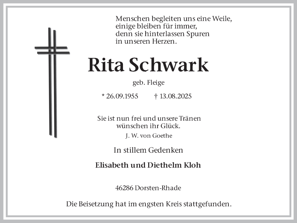  Traueranzeige für Rita Schwark vom 23.08.2025 aus Ruhr Nachrichten und Dorstener Zeitung