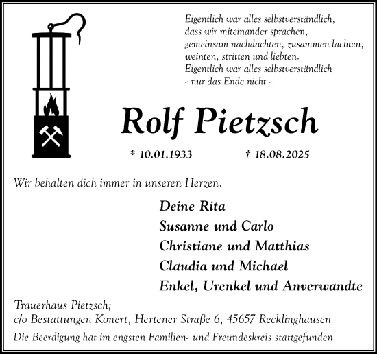 Traueranzeige von Rolf Pietzsch von Trauer Vest