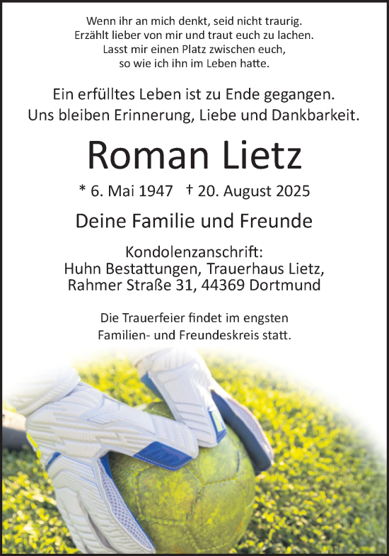 Traueranzeige von Roman Lietz von Ruhr Nachrichten