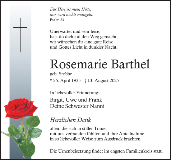 Traueranzeige von Rosemarie Barthel von Hellweger Anzeiger