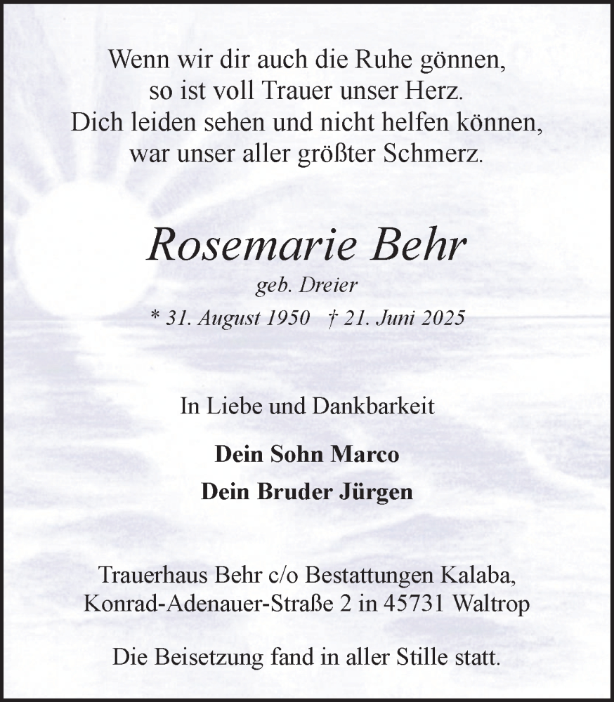  Traueranzeige für Rosemarie Behr vom 16.08.2025 aus Trauer Vest