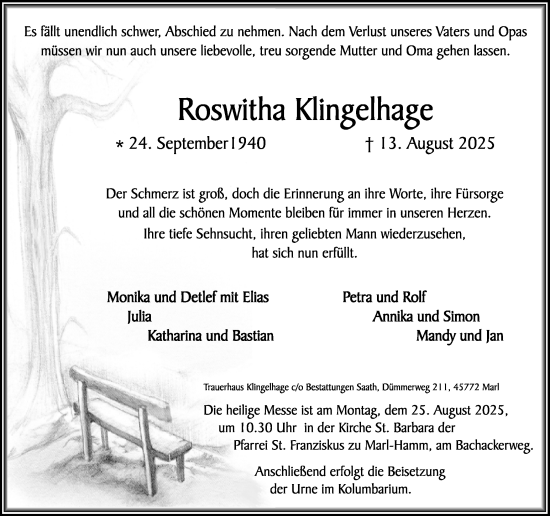 Traueranzeige von Roswitha Klingelhage von Trauer Vest