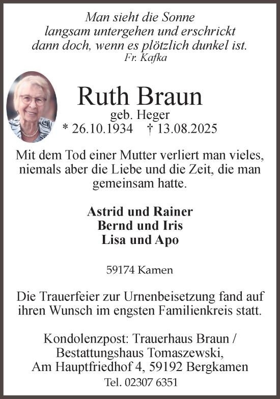 Traueranzeige von Ruth Braun von Hellweger Anzeiger
