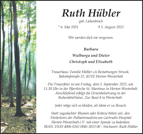 Traueranzeige von Ruth Hübler von Trauer Vest