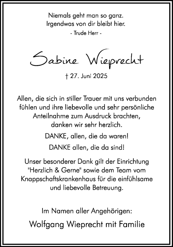Traueranzeige von Sabine Wieprecht von Ruhr Nachrichten