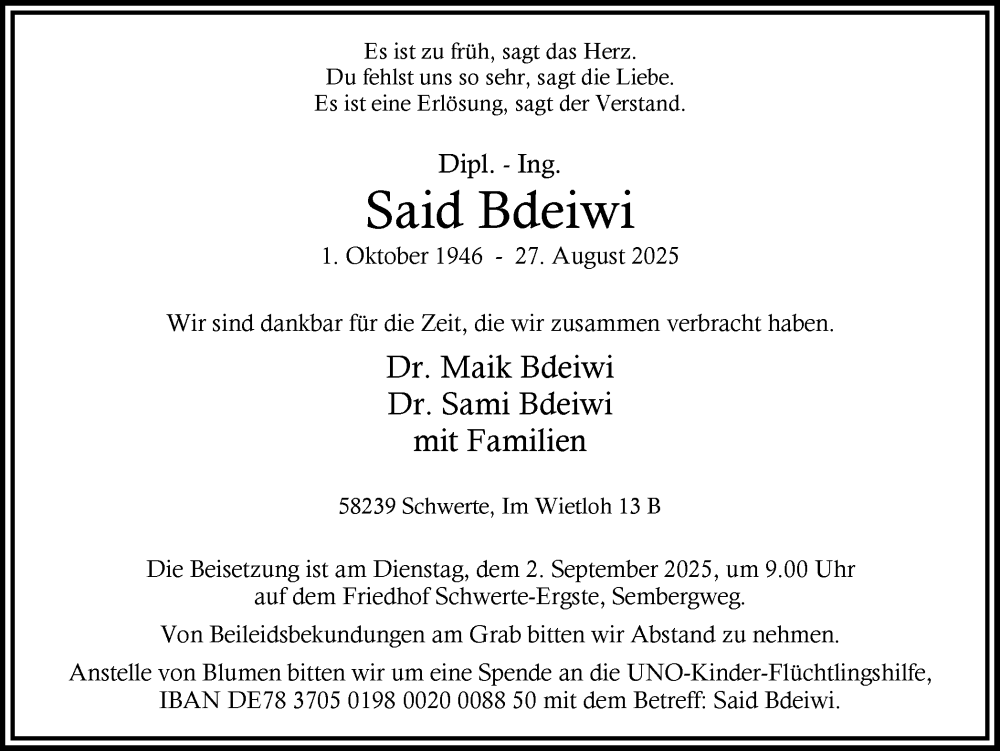  Traueranzeige für Said Bdeiwi vom 30.08.2025 aus Ruhr Nachrichten