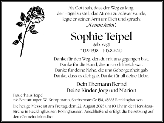Traueranzeige von Sophie Teipel von Trauer Vest