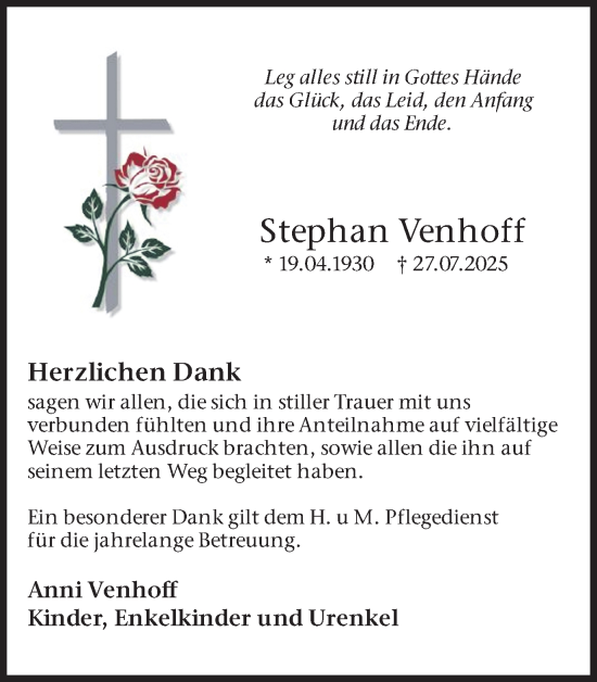 Traueranzeige von Stephan Venhoff von Ruhr Nachrichten und Dorstener Zeitung