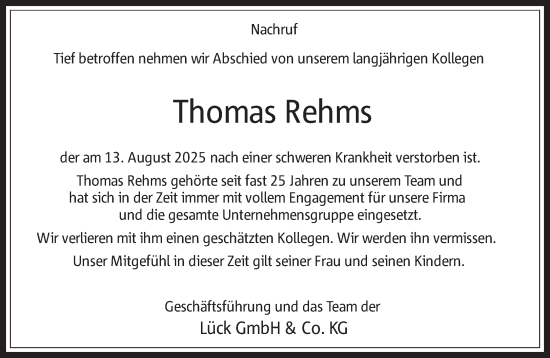 Traueranzeige von Thomas Rehms 