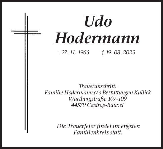 Traueranzeige von Udo Hodermann von Stadtanzeiger Castrop-Rauxel