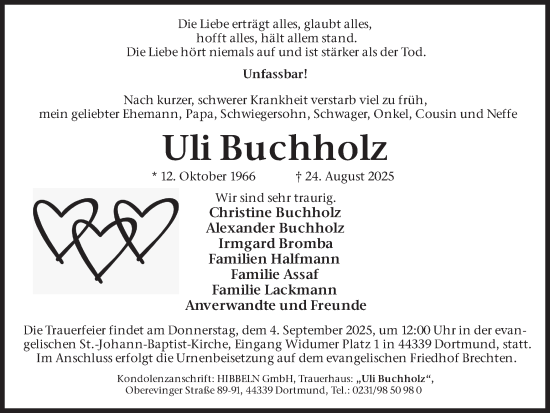 Traueranzeige von Uli Buchholz von Ruhr Nachrichten