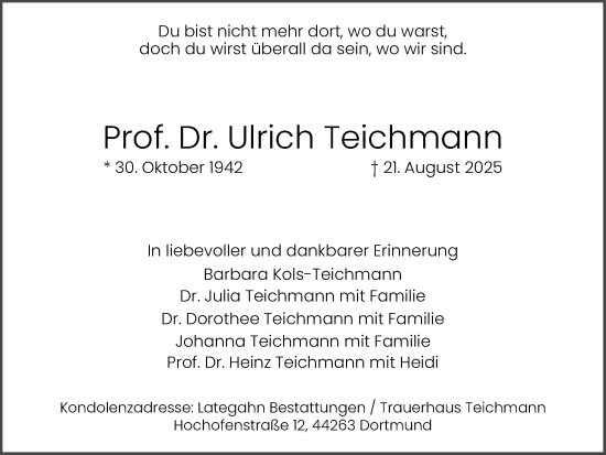Traueranzeige von Ulrich Teichmann von Ruhr Nachrichten