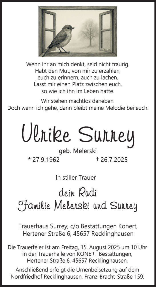  Traueranzeige für Ulrike Surrey vom 09.08.2025 aus Trauer Vest