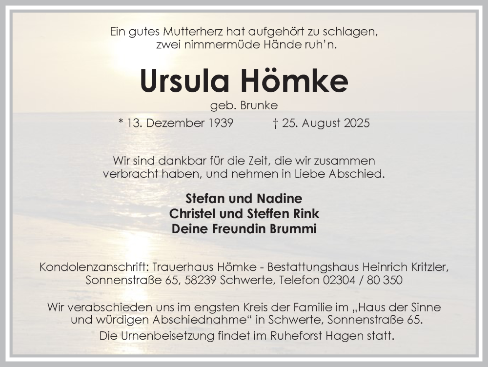  Traueranzeige für Ursula Hömke vom 30.08.2025 aus Ruhr Nachrichten