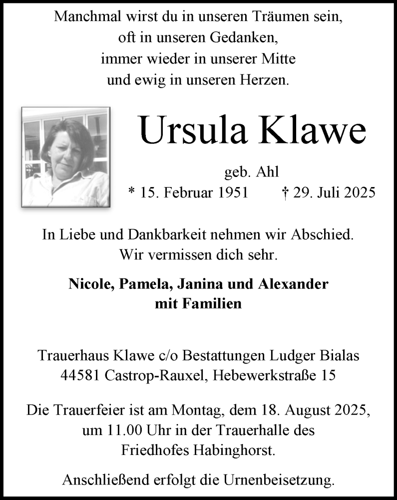  Traueranzeige für Ursula Klawe vom 09.08.2025 aus Stadtanzeiger Castrop-Rauxel