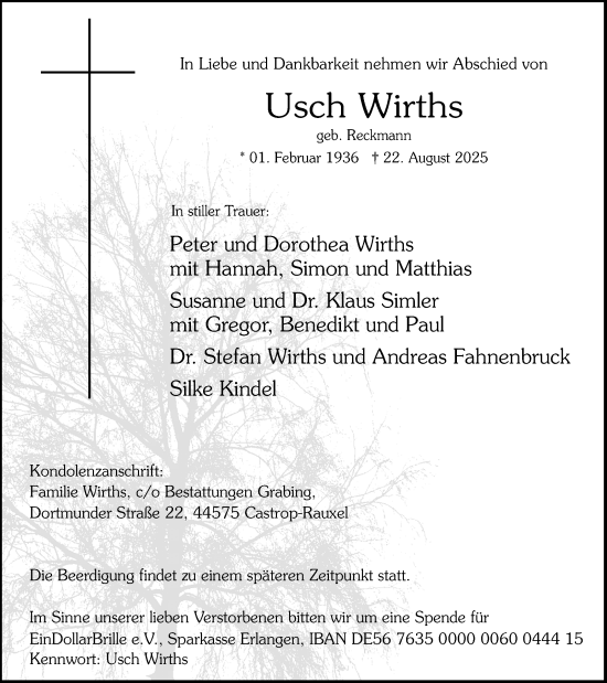 Traueranzeige von Usch Wirths von Ruhr Nachrichten