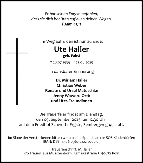 Traueranzeige von Ute Haller von Ruhr Nachrichten