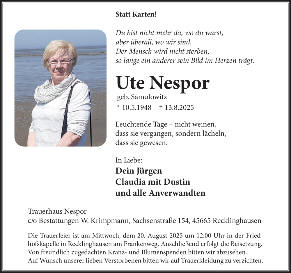  Traueranzeige für Ute Nespor vom 16.08.2025 aus Trauer Vest