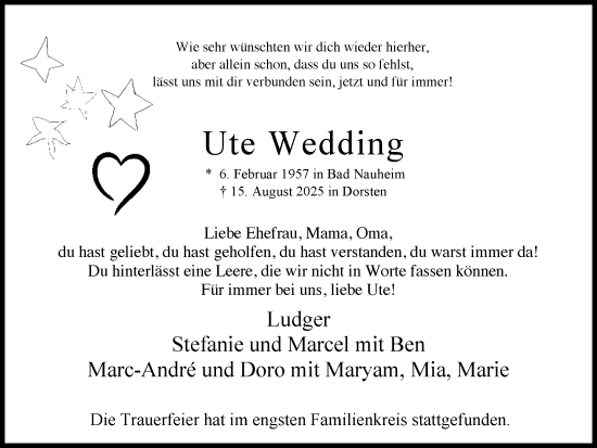 Traueranzeige von Ute Wedding von Ruhr Nachrichten und Dorstener Zeitung
