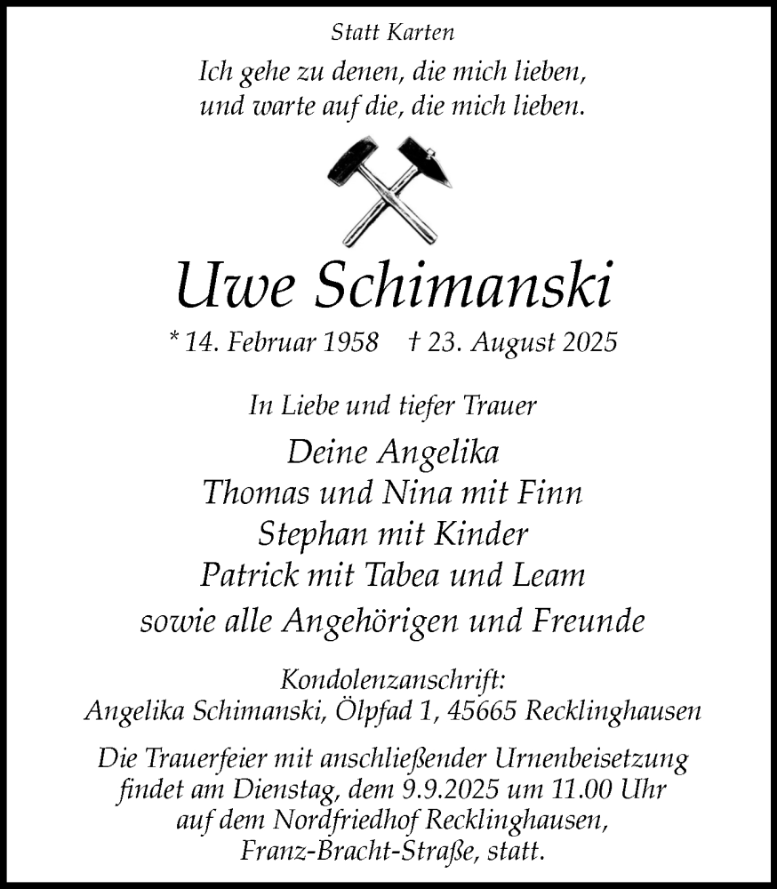  Traueranzeige für Uwe Schimanski vom 30.08.2025 aus Trauer Vest