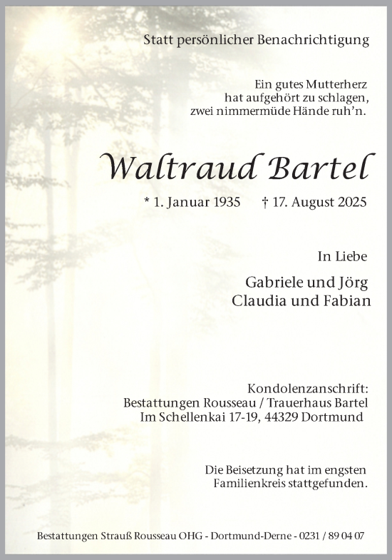 Traueranzeige von Waltraud Bartel von Ruhr Nachrichten