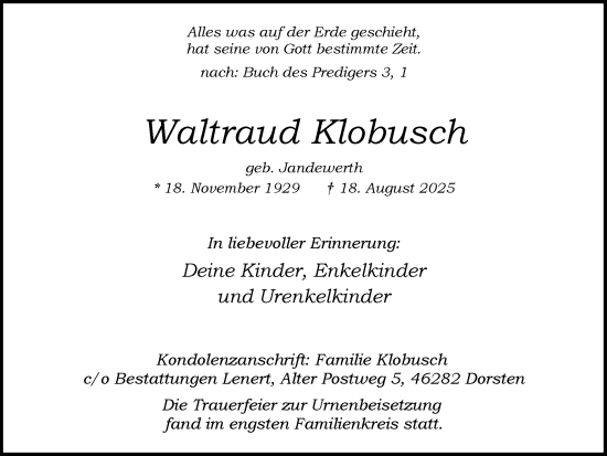 Traueranzeige von Waltraud Klobusch von Ruhr Nachrichten und Dorstener Zeitung